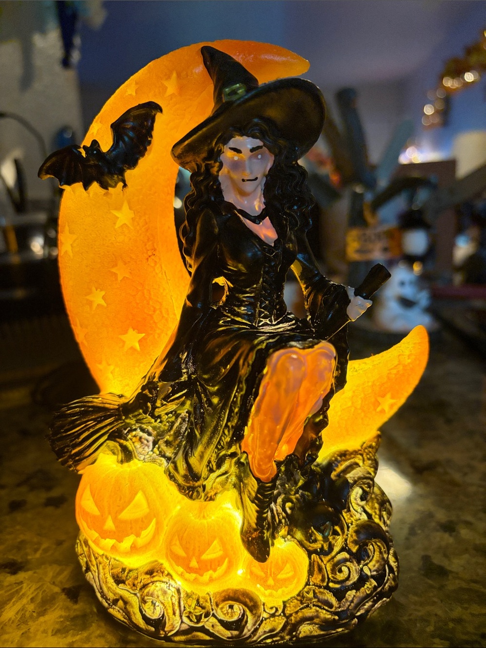 LED Halloween Witch on Crescent Moon Accent Light - Black & Orange